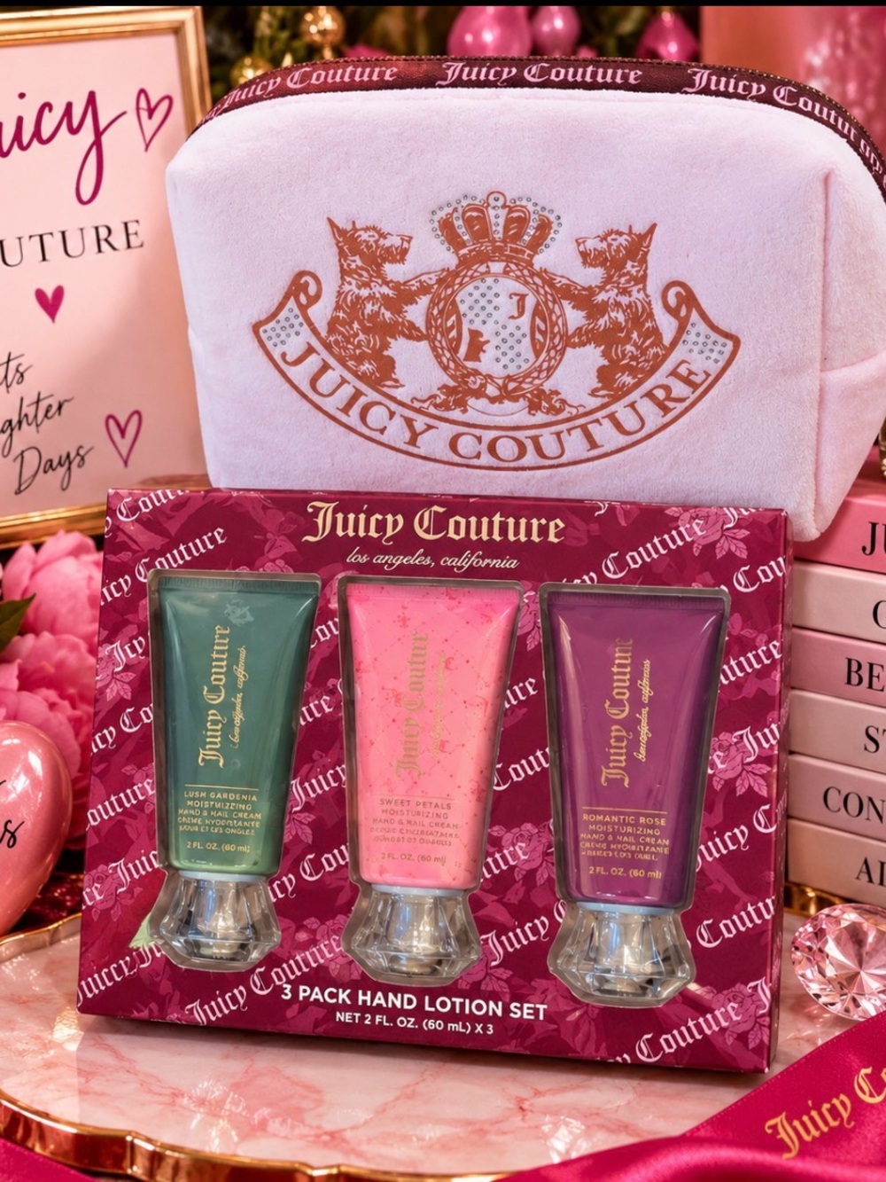 Juicy Couture 3-Pack Hand Lotion Set with Pink Velvet Pouch - Green Pink Purple